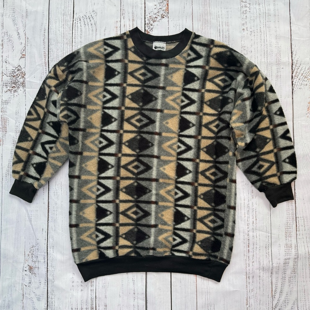 90s Fleece Pullover Oversized Sweatshirt with 3D Geometric Pattern Streetwear